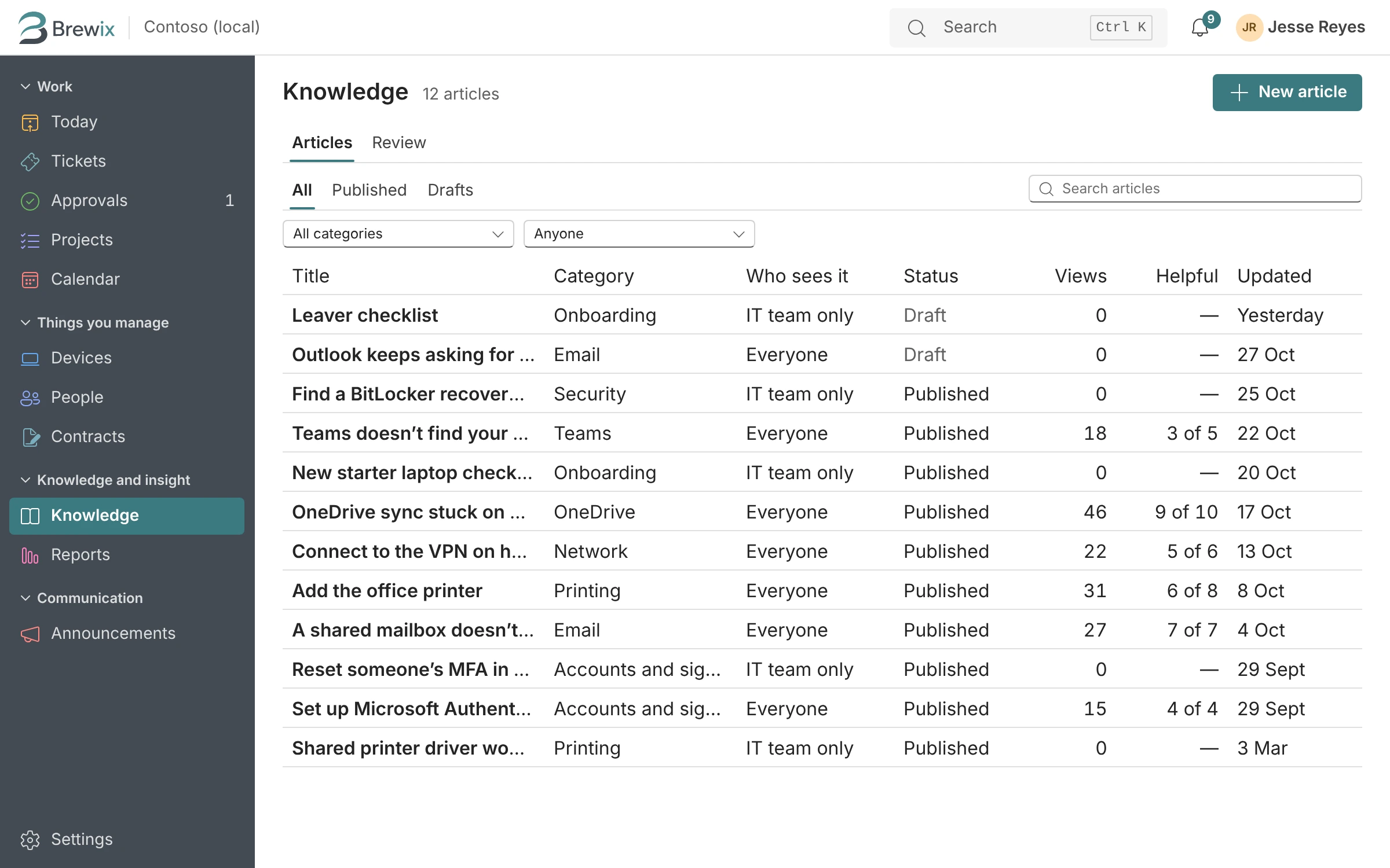 The Knowledge page in Brewix Desk listing help articles.