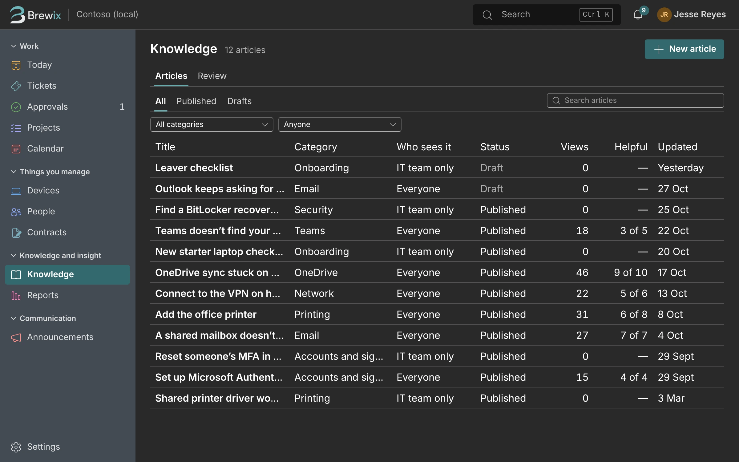 The Knowledge page in Brewix Desk listing help articles.