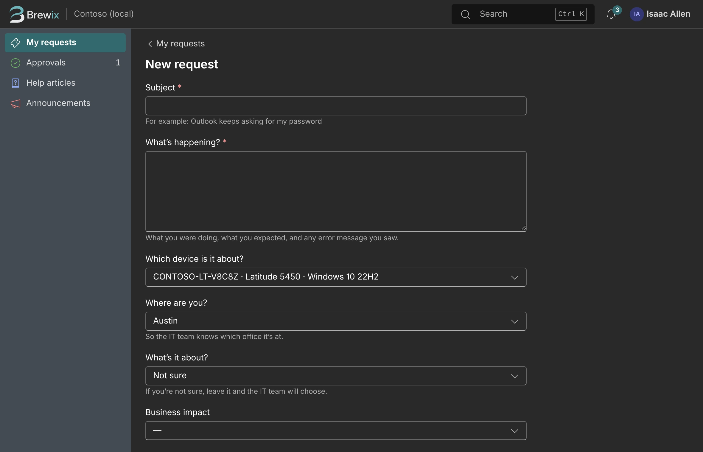 The request portal with a new request form.