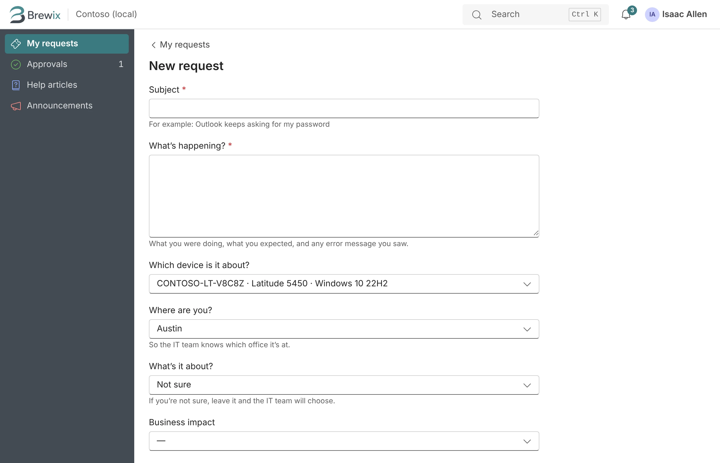 The request portal with a new request form.
