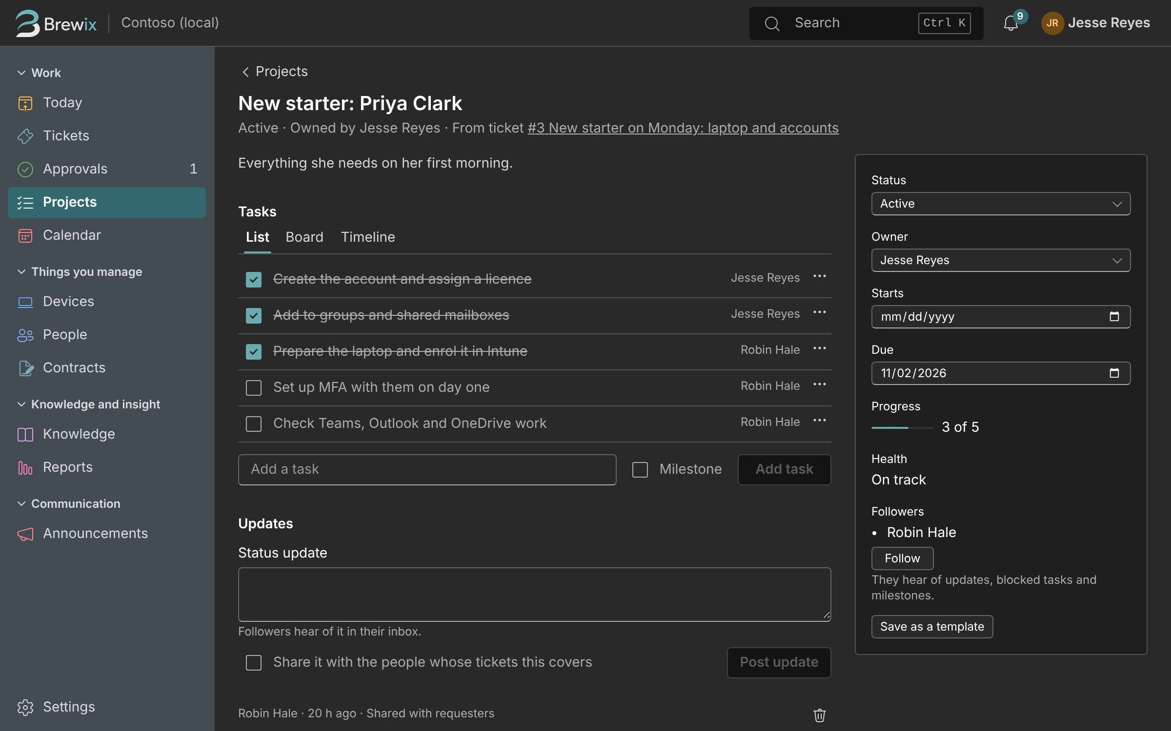A project in Brewix Desk with its tasks, owners and due dates.