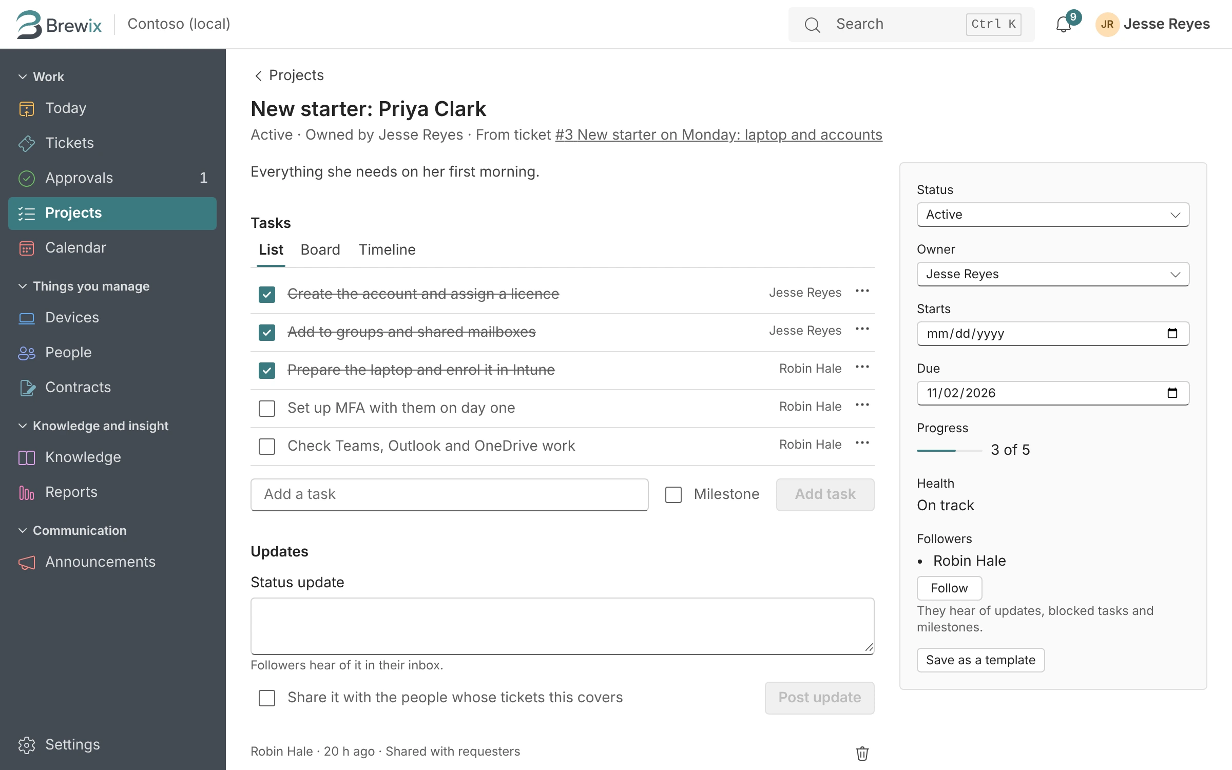 A project in Brewix Desk with its tasks, owners and due dates.