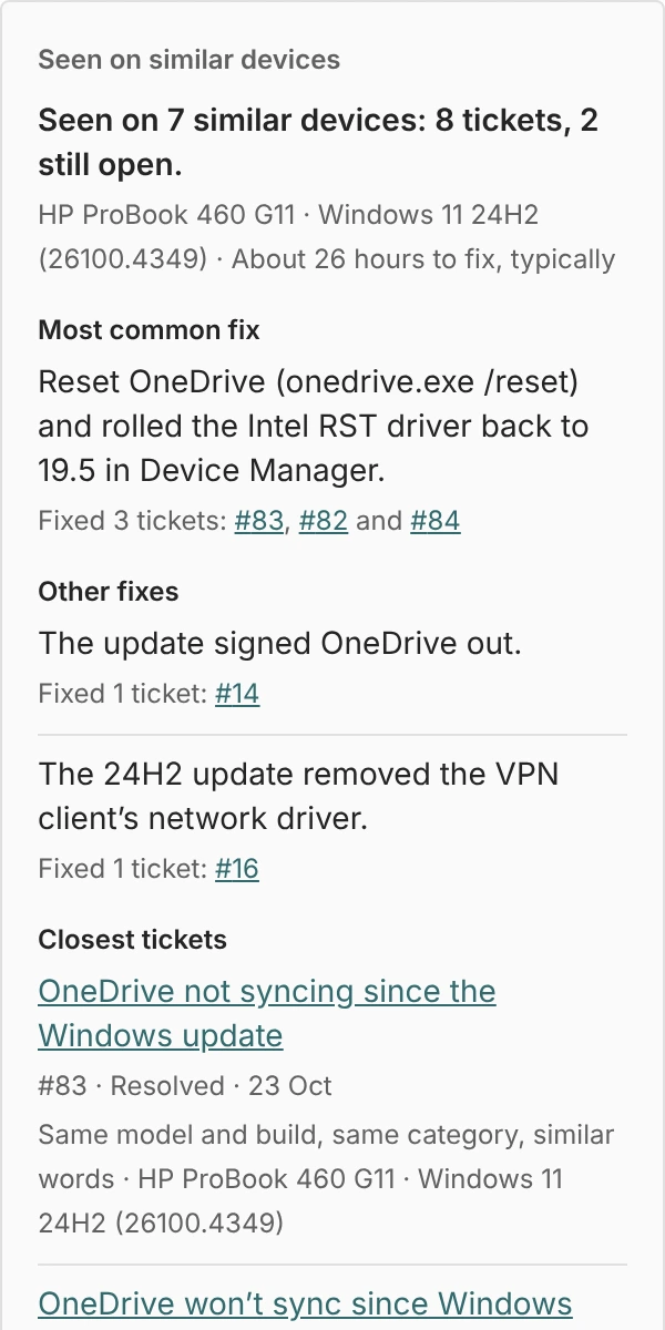 The Seen on similar devices panel: 7 similar HP ProBook 460 G11 laptops on Windows 11 24H2, 8 tickets, and the most common fix.