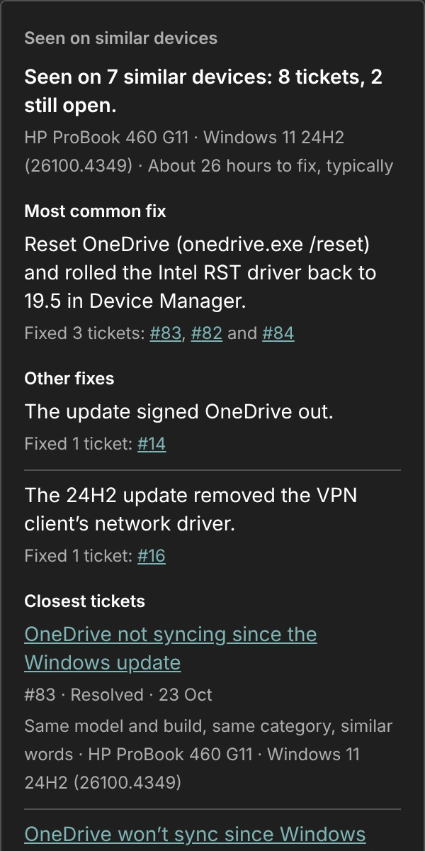 The Seen on similar devices panel: 7 similar HP ProBook 460 G11 laptops on Windows 11 24H2, 8 tickets, and the most common fix.