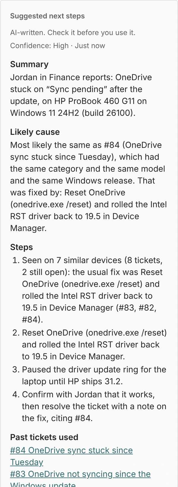Suggested next steps for the ticket: a summary, the likely cause and numbered steps, labeled AI-written.