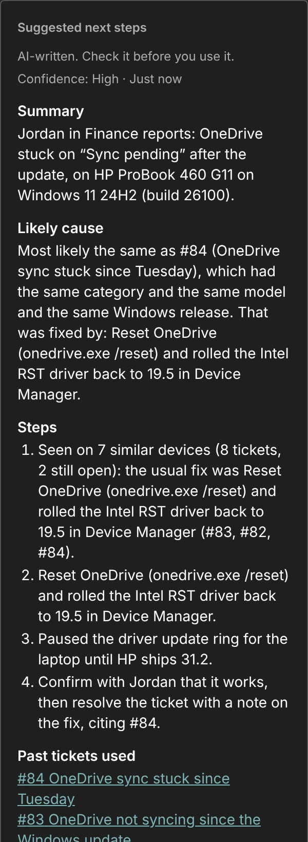 Suggested next steps for the ticket: a summary, the likely cause and numbered steps, labeled AI-written.