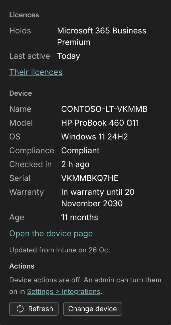 The side of a ticket showing the requester, their Microsoft 365 license and their device: HP ProBook 460 G11 on Windows 11 24H2, compliant, checked in 2 hours ago, in warranty.