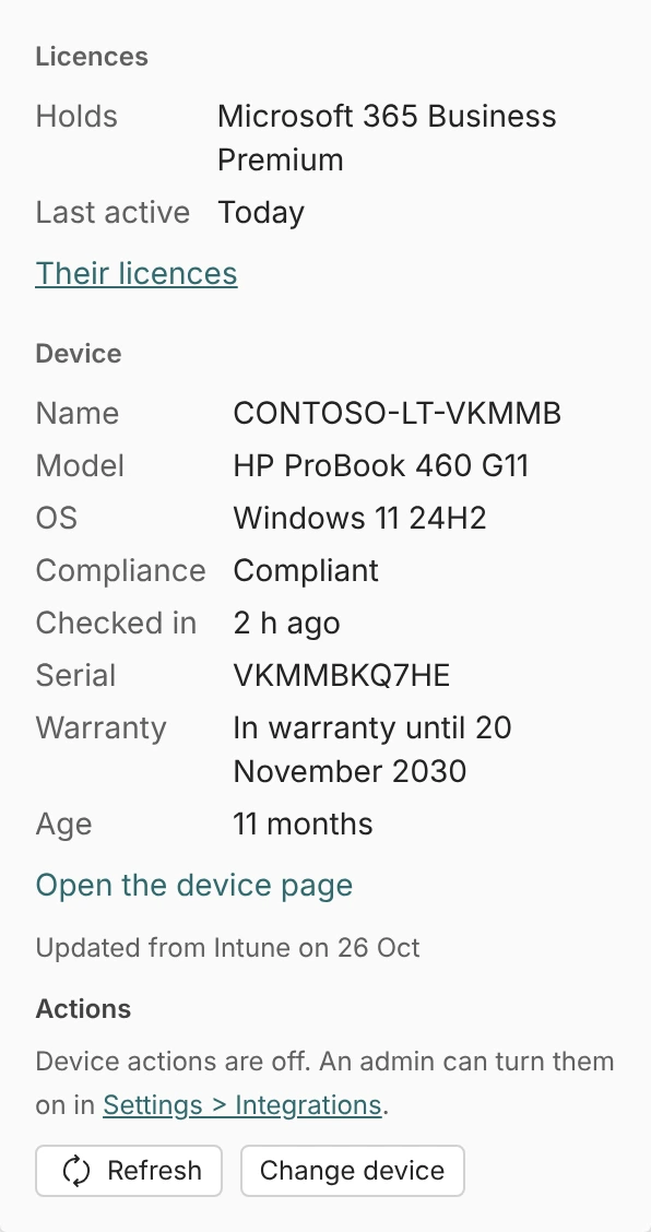 The side of a ticket showing the requester, their Microsoft 365 license and their device: HP ProBook 460 G11 on Windows 11 24H2, compliant, checked in 2 hours ago, in warranty.