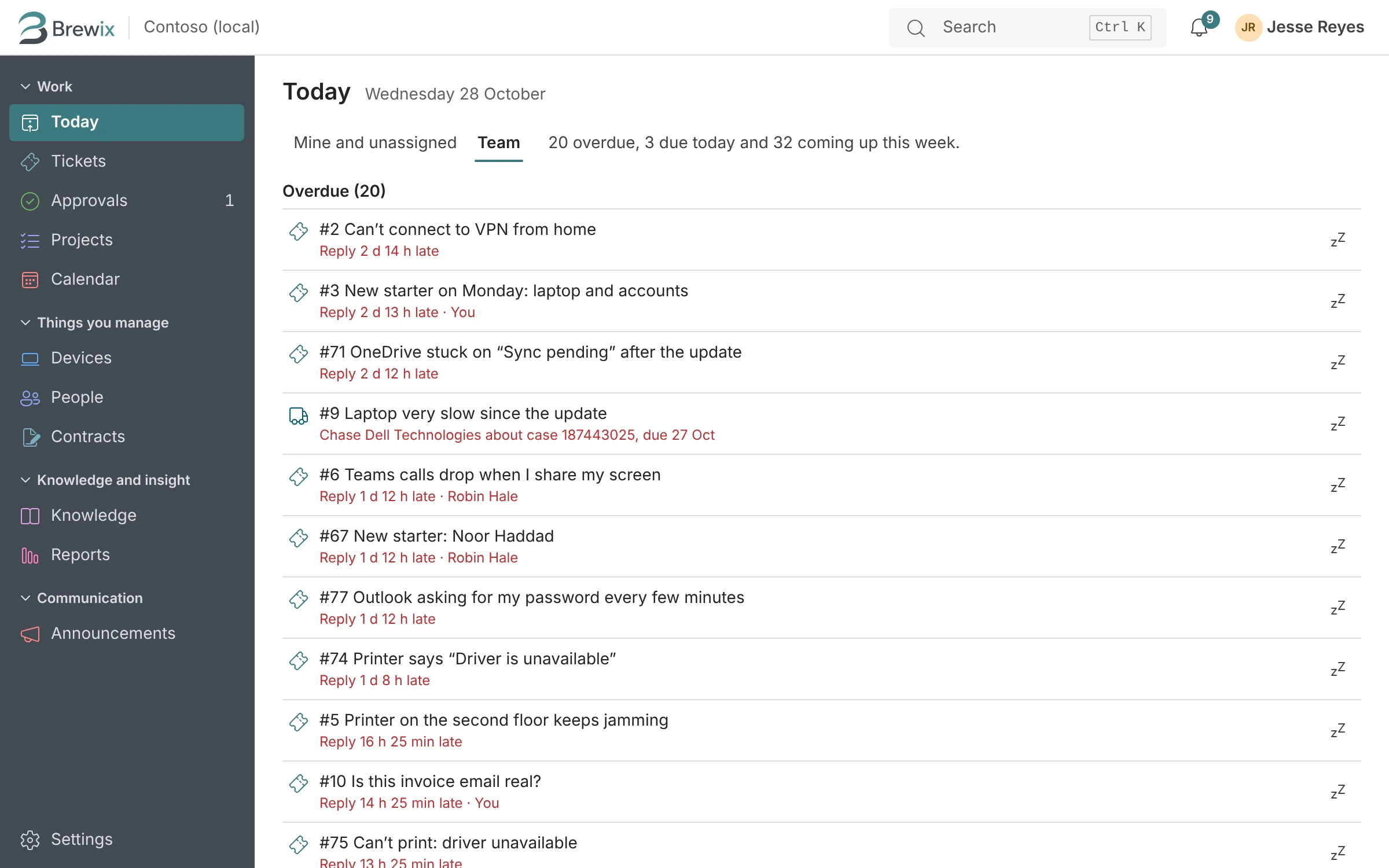 The Today screen in Brewix Desk, listing overdue and due tickets for the team.