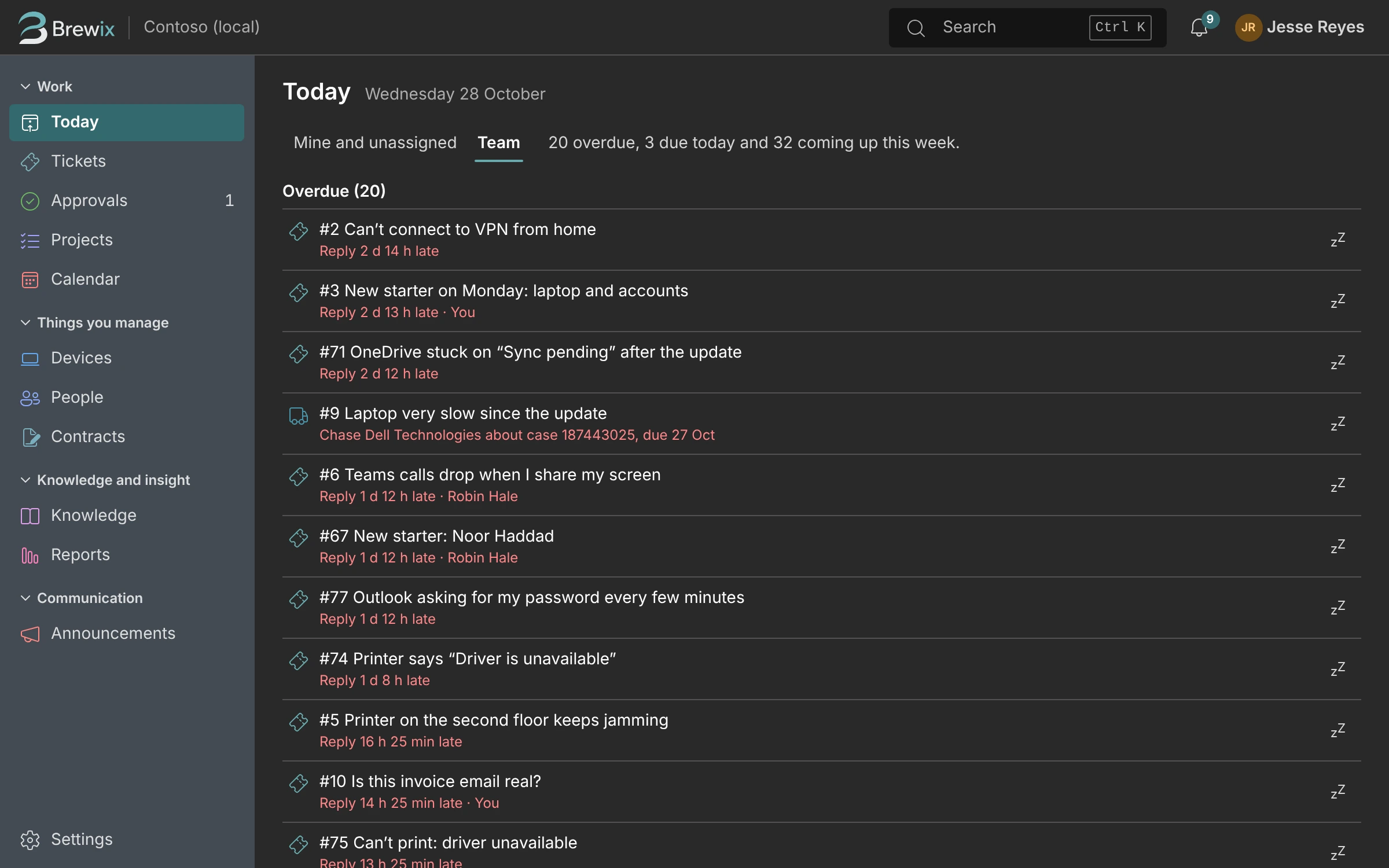 The Today screen in Brewix Desk, listing overdue and due tickets for the team.